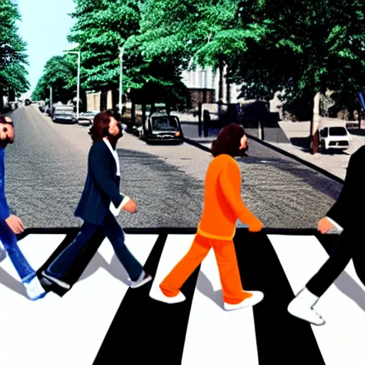 Image similar to 4 men walking on crosswalk on abbey road, city, digital art, 8 k.