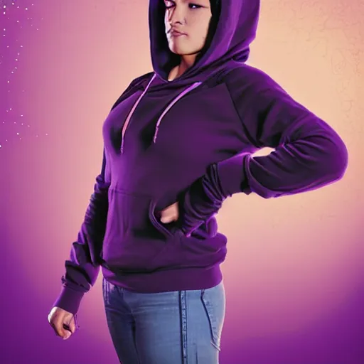 Image similar to poster artwork, sci fi, a female, full body, black hoodie techie, black hair with purple streaks, 8 k