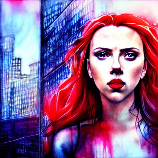 Image similar to pretty scarlett johansson black widow, symmetrical eyes, long red hair, half body, city rooftop by agnes cecile moebius bilal, very luminous design, light pastel colours, ink drips, autumn lights