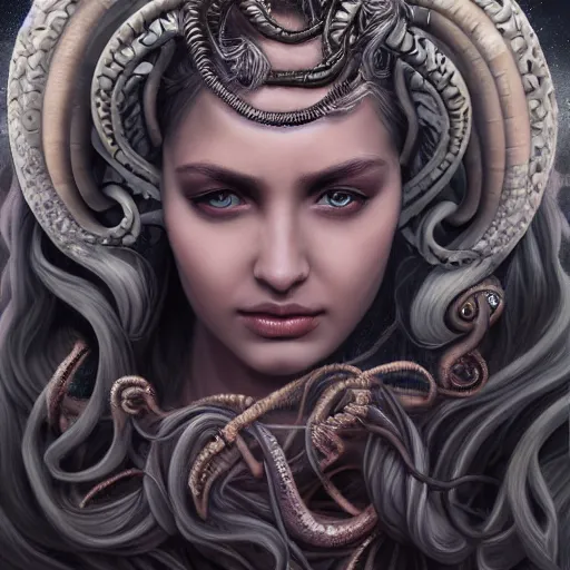 Image similar to an epic portrait of medusa, goddess, beautiful, detailed beautiful face, epic fantasy art, award winning on artstation, trending on deviantart, mystical atmosphere, mythology, high definiton, high detail, high quality, ultra realistic, hyper realistic, 4 k uhd,