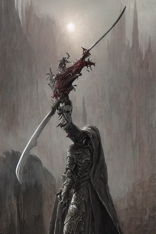 Image similar to Nicolas Cage as knight in dark robe with a giant reaper scythe, dark fantasy, intricate, highly detailed, smooth, artstation, painted by Wayne Barlowe, Greg Rutkowski, zdislav beksinski, Francis Bacon