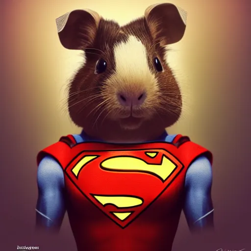 Image similar to cute little anthropomorphic Guinea Pig, dressed as Superman ultra wide lens shot , tiny, small, short, cute and adorable, pretty, beautiful, DnD character art portrait, matte fantasy painting, DeviantArt Artstation, by Jason Felix by Steve Argyle by Tyler Jacobson by Peter Mohrbacher, cinematic lighting