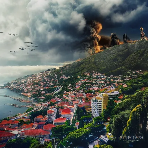 Image similar to king kong destroying funchal's city bay near the streets view from below under the clouds, trampled, by caio fantinim, trending on artstation, award winning, 3 d render