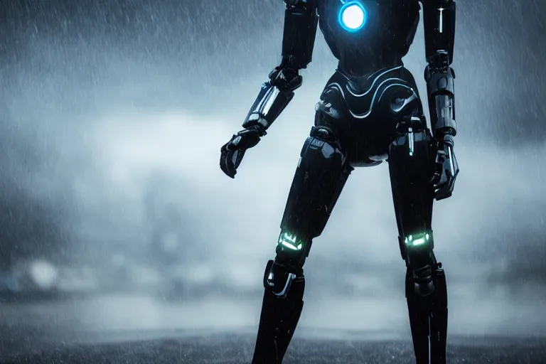 Image similar to closeup vfx marvel sci-fi woman black super hero robot photo real full body action pose, city street cinematic lighting, rain and fog by Emmanuel Lubezki