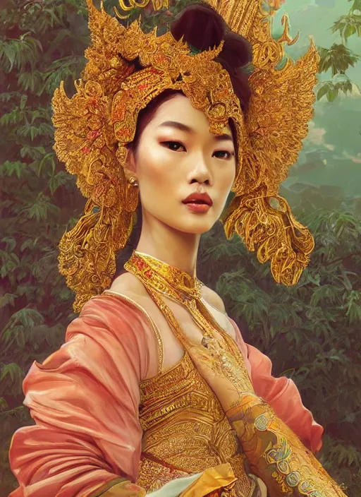 Image similar to portrait of a thai supermodels wearing traditional costume, highly detailed, digital painting, artstation, concept art, sharp focus, illustration, art by kittichai rueangchaichan and james gurney and alphonse mucha