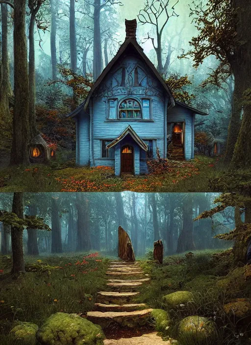 Image similar to hyper realistic homely ornate modern witch cottage distant down a path in the woods gorgeous lighting, blue sky, highly detailed, lush forest by zdzisław beksinski and norman rockwell and greg rutkowskiweta studio, and lucasfilm