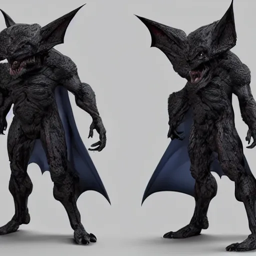 Image similar to front and back character view of scary giant mutant dark blue humanoid bat, glowing red eyes flying above a stormy ocean, sharp teeth, acid leaking from mouth, realistic, giant, bat ears, bat nose, bat claws, bat wings, furred, covered in soft fur, detailed, trending on artstation clean concept art and sheet that using unreal engine 5 render and hyper detailed 3D texture with cinematic software light 85mm f/1.4