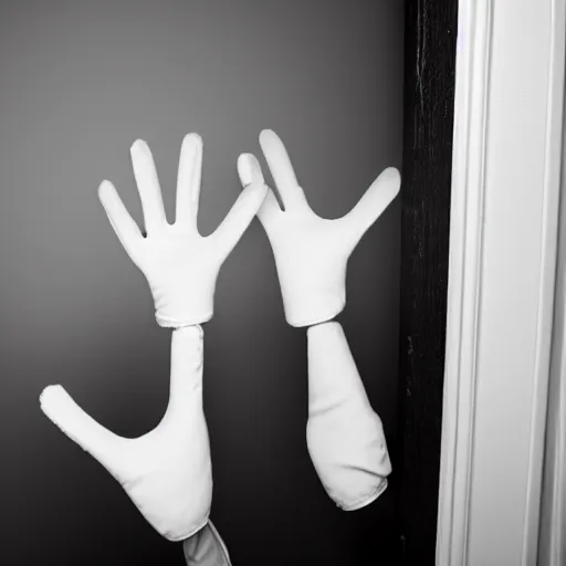 Image similar to a disembodied white gloved hand sticking out horizontally from behind a dark doorway, waving at a terrified boy watching tv in a living room, haunted, scary