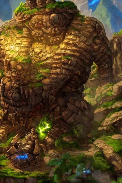 Image similar to zelda fantasy art giant golem troll wood rock greeble gemstone, global illumination ray tracing hdr fanart arstation by sung choi and eric pfeiffer and gabriel garza and casper konefal