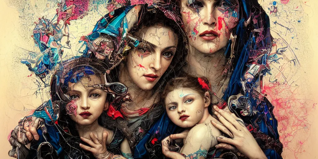 Image similar to portrait of Madonna and Child ,8k,by tristan eaton,Stanley Artgermm,Tom Bagshaw,Greg Rutkowski,Carne Griffiths, Ayami Kojima, Beksinski, Giger,trending on DeviantArt,face enhance,hyper detailed,minimalist,cybernetic, android, blade runner,full of colour, super detailed