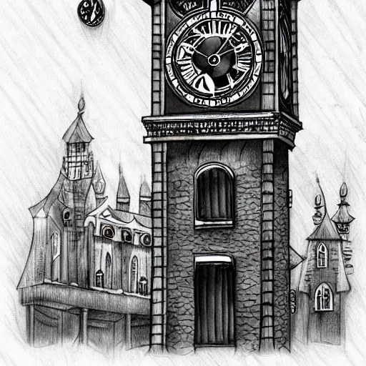 Image similar to a clock tower steampunk, ink, tattoo sketch, digital art