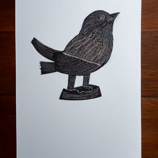 Prompt: block print bird in the style of strawcastle, black ink on white paper