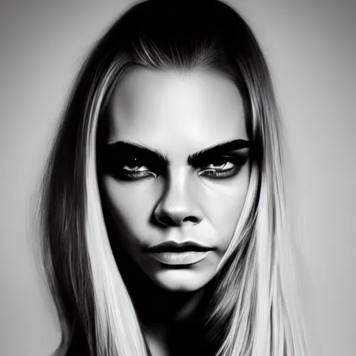 Image similar to minimalistic black and white portrait of cara delevigne, ink on canvas, trending on artstation, eyes, eyebrows, nose, lips, detailed, art