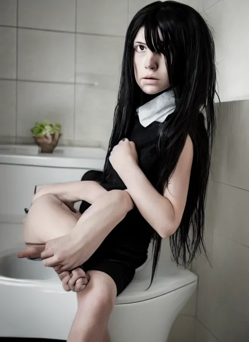 Image similar to a 1 4 year old girl eveline from resident evil 7 with straight long black hair wearing black dress that sitting on bathroom floor, model エリサヘス s from acquamodels, render in re engine