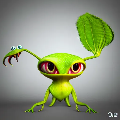 Image similar to cute anthropomorphic venus flytrap carniverous plant creature with leaf arms and legs and big eyes detailed character concept 3 d pixar style render 4 k