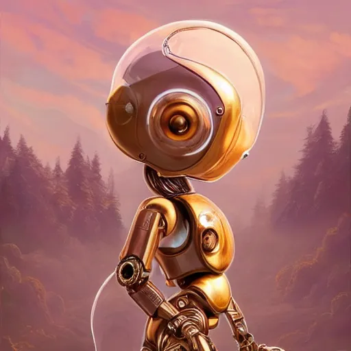 Image similar to clear portrait of robot baby, adorable appearance!!!, golden hour, happy apearance, cottagecore!!, background hyper detailed, character concept, full body, dynamic pose, intricate, elegant, highly detailed, digital painting, artstation, concept art, smooth, sharp focus, illustration, art by artgerm and greg rutkowski and alphonse mucha
