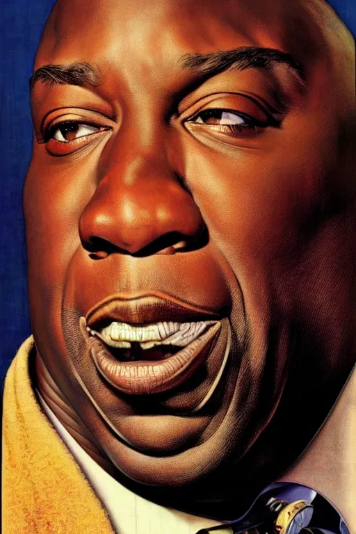 Image similar to michael clarke duncan by gil elvgren and norman rockwell and rob gonsalves and hajime sorayama, hyperrealistic, high detail, ultra detailed, highly detailed face, ruffled fabric