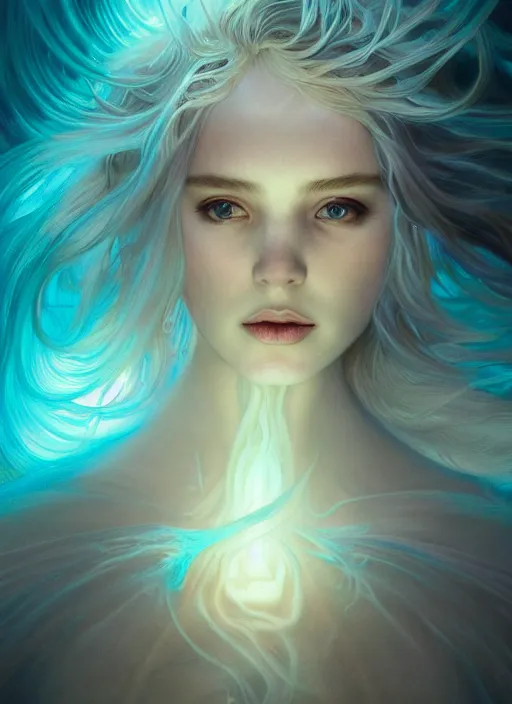 Prompt: a dreamy moody underwater photographic portrait of a anthropomorphic bioluminescent liquid wave, dramatic volumetric lighting, fantasy, intricate, elegant, highly detailed, digital painting, artstation, concept art, smooth, sharp focus, illustration, art by artgerm and h r giger and alphonse mucha