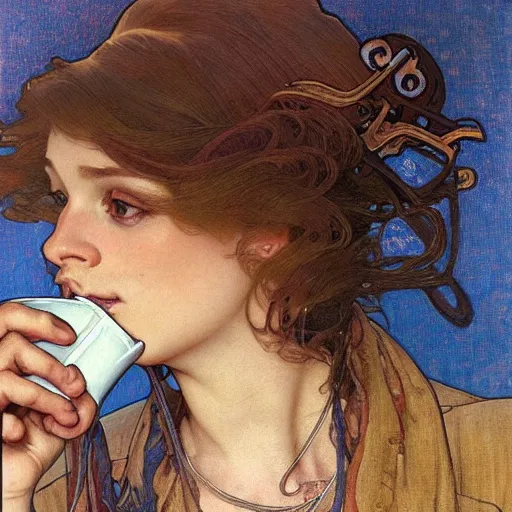 Prompt: realistic detailed face portrait of a pepe the frog drinking coffee by Alphonse Mucha and Norman Rockwell, Ayami Kojima, Yoshitaka Amano, Malcolm Liepke, Karol Bak, Greg Hildebrandt, Jean Delville, and Mark Brooks, Pre-Raphaelite, intricate fine details, exquisite, rich deep moody colors, beautiful detailed background