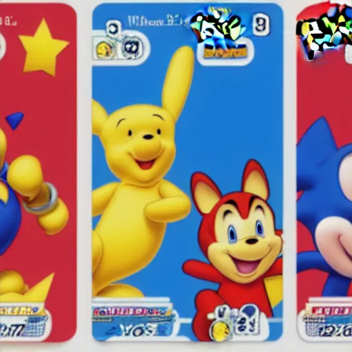 Image similar to photograph of winnie the pooh and super mario and sonic the hedgehog anime style, on pokemon card packs at target