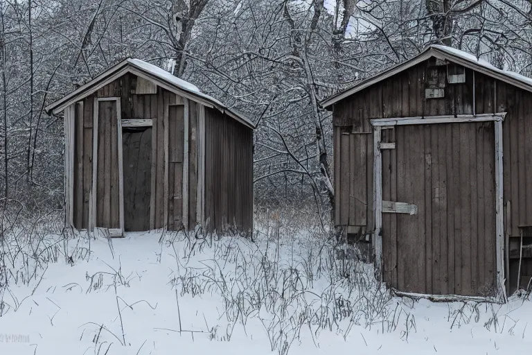 Prompt: An abandoned shed in a post-apocalyptic wasteland, overgrown, winter, snowy, 35 F June 12th 2432