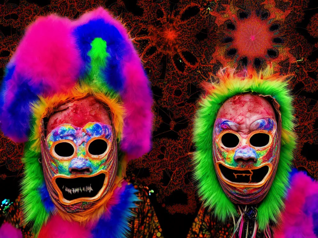 Image similar to a portrait of a beautiful colorful ( flesh - eating ) yamazaku wearing a terrifying mask and covered in rainbow fur, the ground is covered in maggots, seen from a fractal kaleidoscope, schizophrenic hallucination, fear, morbid, nightmare, supernatural, 8 k, hd photography, highly detailed, chiaroscuro, terrifying