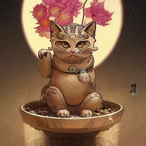 Image similar to A cute maneki neko waving, flowers around, D&D, fantasy, intricate, cinematic lighting, highly detailed, digital painting, artstation, concept art, smooth, sharp focus, illustration, art by Akihiko Yoshida, Greg Rutkowski and Alphonse Mucha