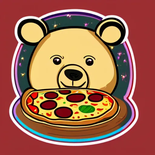 Prompt: holographic logo of a bear eating a pizza, etsy sticker, vector art,
