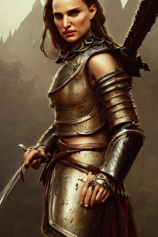 Image similar to natalie portman, legendary warrior, heroic, lord of the rings, tattoos, decorative ornaments, battle armor, by carl spitzweg, ismail inceoglu, vdragan bibin, hans thoma, greg rutkowski, alexandros pyromallis, perfect face, fine details, realistic shading photorealism