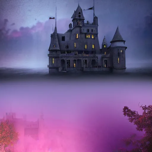 Image similar to abandoned castle, ultra realistic, 8 k, purple fog, dark, ultra detailed, highly detailed, fantastically detailed, professional photography, night time, cinematic