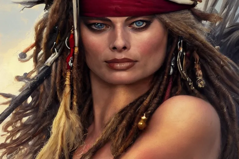 Prompt: Margot Robbie as Jack Sparrow pirate, elegant, sun shines in the sky, blood in the seahighly, detailed, digital painting, artstation, concept art, smooth, sharp focus, illustration, art by artgerm and greg rutkowski and alphonse mucha