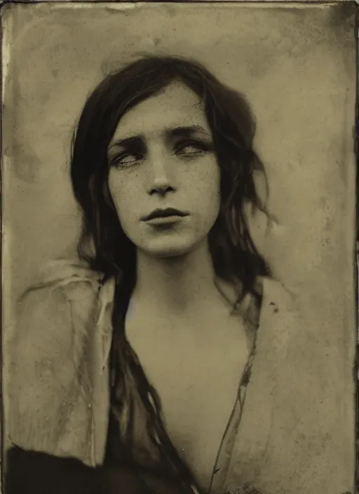 Image similar to high resolution close up portrait of a young women, photo realistic, elegant, award winning photograph, parallax, cinematic lighting, ambrotype wet plate collodion by martin shuller, richard avedon dorothe lange and and shane balkowitsch