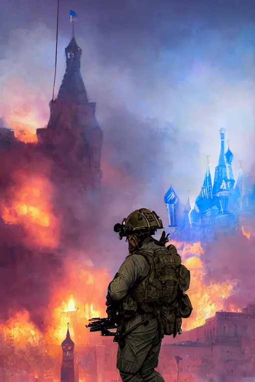 Image similar to special forces soldier with ukrainian blue and yellow patch on the foreground watching red square burn in the background, d & d, fantasy, bright atmosphere, volumetric lights, intricate, elegant, extremely detailed, digital painting, artstation, concept art, matte, smooth, sharp focus, hyper realistic, illustration, art by artgerm and greg rutkowski and alphonse mucha