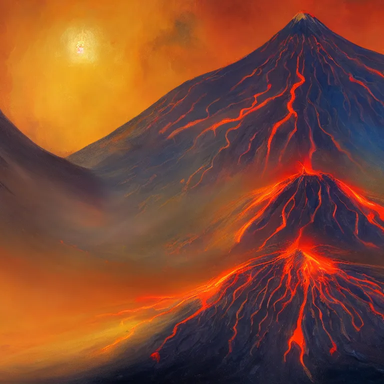 Image similar to a painting of a volcano from which come out flowers and stars exotic plants, all this happens in some kind of fantasy world, almost like in the sky or all in the amazing outdoors view, long exposure, 8 k resolution, trending on artstation