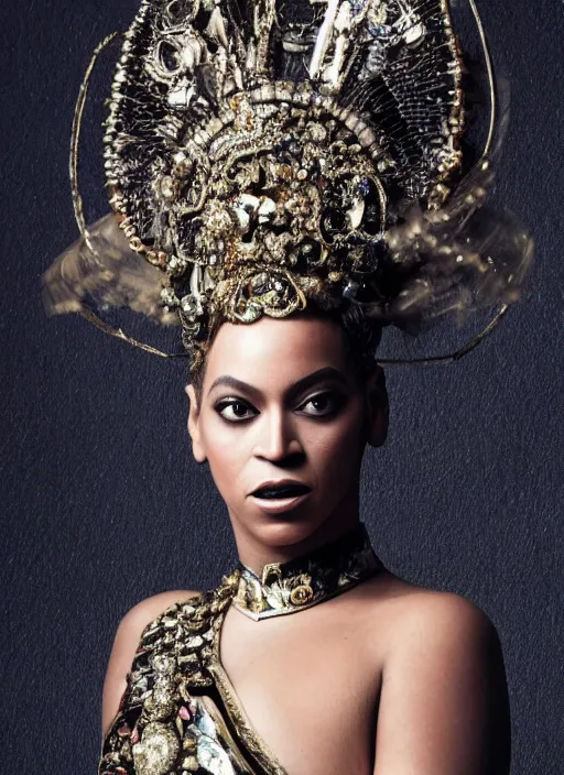 Image similar to photo of beyonce styled by nick knight posing, intricate headpiece, showstudio, vogue magazine, 2 0 2 0, canon, highly realistic. high resolution. highly detailed. dramatic. 8 k. 4 k. zeiss lens, canon eos, cinematic lighting, photography, film still