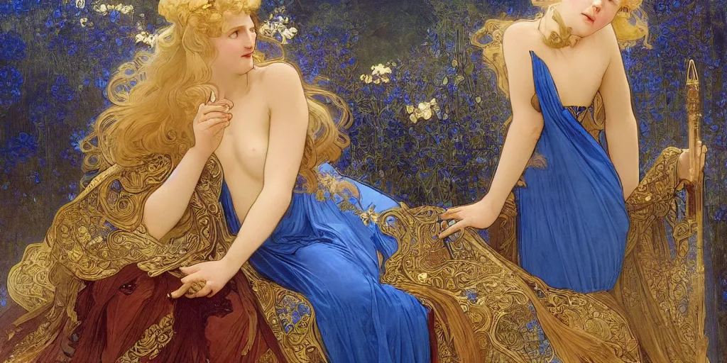 Prompt: a venere blonde princess, play with her long blue dress with gold details, fantasy, clothing, concept art, highly detailed, atmospheric light, oil painting, art by alphonse mucha,