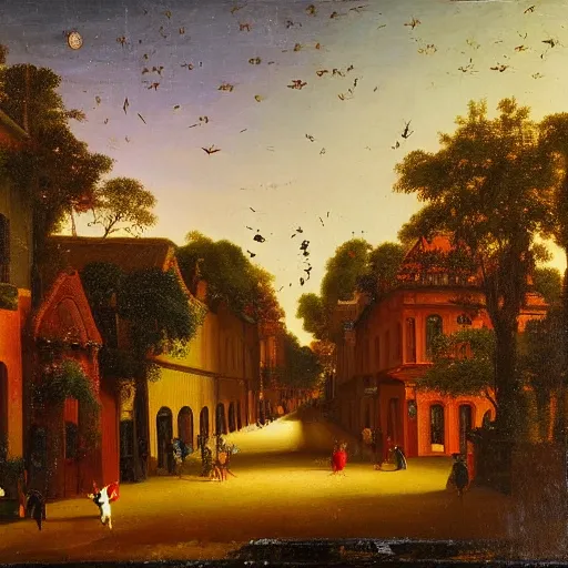 Prompt: dense flock of jewel - colored hummingbirds with milky eyes in a renaissance architecture city street at night with rainforest greenery, hudson river school style