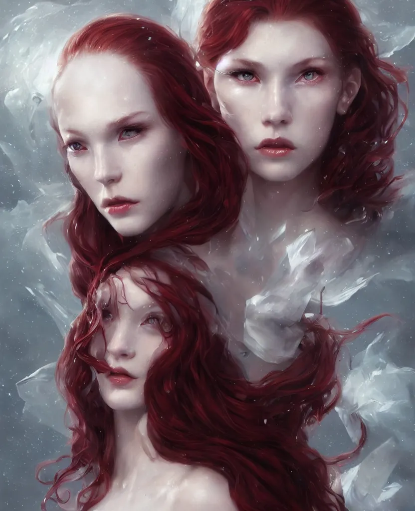 Image similar to a portrait of a ice queen with long dark curly red hair, stoic, pale skin, alone dramatic, epic painting, painted by artgerm and wlop, cgsociety, roses, wolf, crows beautiful, artbreeder, artstation, octane render, sharpness, 8 k, golden ratio