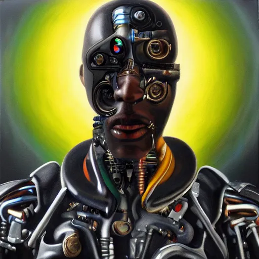 Image similar to a realistic oil painting of a black man as a cybernetic cyborg, surrealism portrait, surrealism album cover