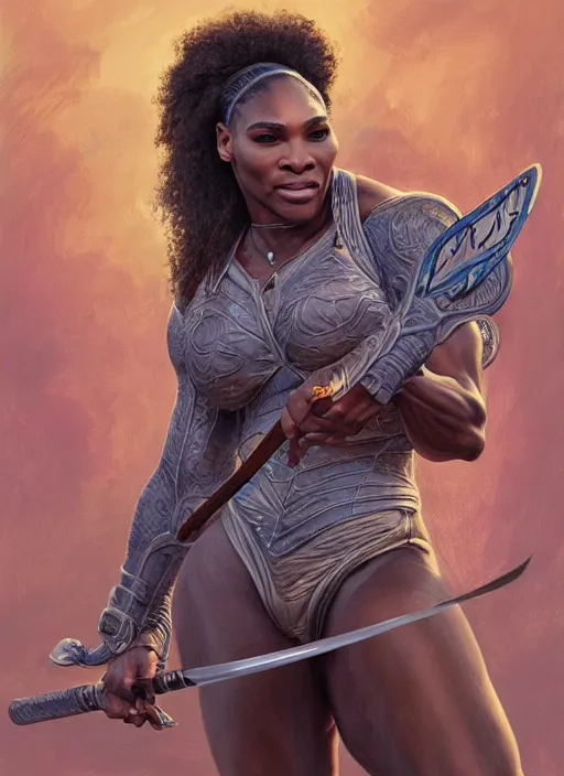 Image similar to serena williams as a ruggedly handsome hero holding an enormous large dual wielding sword, intricate, elegant, highly detailed, centered, digital painting, artstation, concept art, smooth, sharp focus, illustration, artgerm, donato giancola, Joseph Christian Leyendecker, WLOP, Boris Vallejo, Artgerm