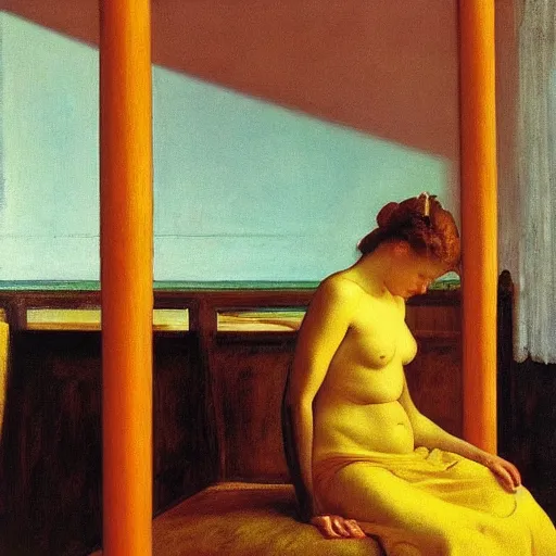 Image similar to a masterpiece, film still by edward hopper, by Pontormo, by klimt, art noveau, highly detailed, strong lights, liminal, eerie, Bright pastel colors