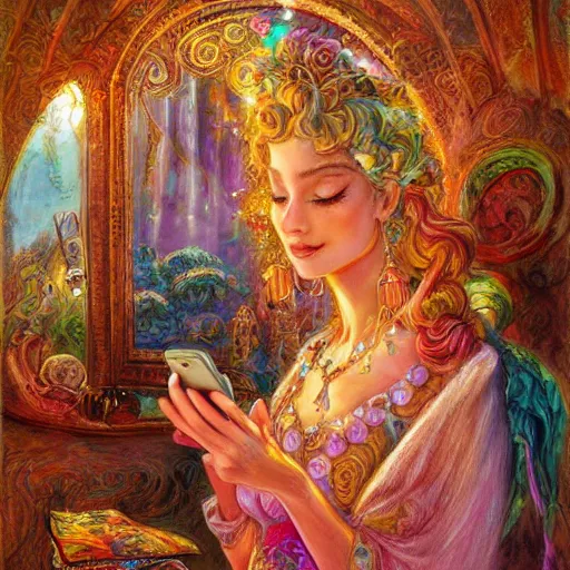 Image similar to a goddess checking her phone by senior concept artist josephine wall, high resolution trending on art station