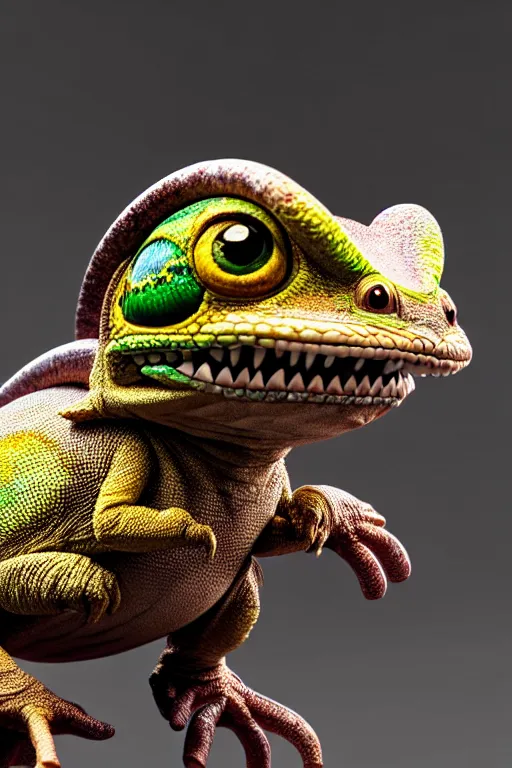 Image similar to high quality 3 d render hyperrealist very cute happy chameleon wearing armor, vray smooth, detective pikachu, very dramatic light, low angle, uhd 8 k, shallow depth or field