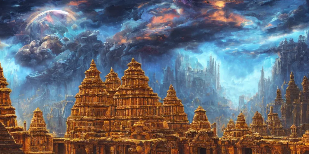 Image similar to fantasy oil painting, mega structure city, indore, kailasa temple, ellora, argos, hybrid, looming, small buildings, warm lighting, street view, overlooking, interstellar space port launching dock, epic, distant mountains, bright clouds, luminous sky, cinematic lighting, michael cheval, david palladini, artstation, oil painting, natural tpose