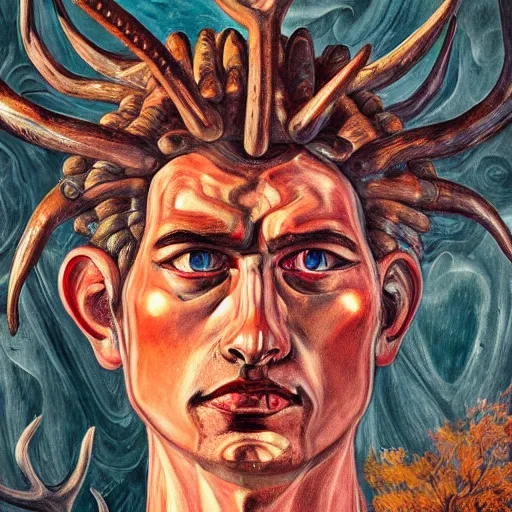 Prompt: Dramatic portraiture of Uuen, the Pictish god of stags, mixed media, trending on ArtStation, by Derain and ArtGerm and Lucian Freud, luminism