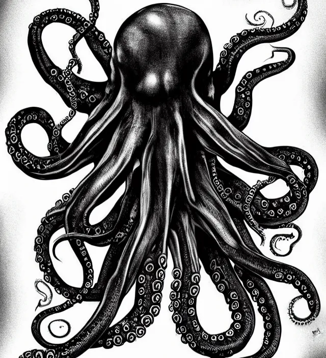 Prompt: an unique mad octopus, concept art, digital art, deviantart artstation, tattoo, black and white,