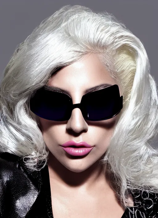 Image similar to lady gaga styled by nick knight posing, born this way 2 0 1 1 album inspired, photohoot, long platinum blonde hair with bangs fringe, versace sunglases, vogue magazine, canon, highly realistic. high resolution. highly detailed. dramatic. 8 k. 4 k.