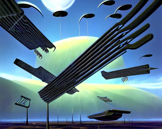 Prompt: The attack of the giant flying forks, sci-fi cinematic scene by Jim Burns