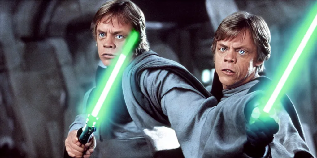 Prompt: a still from a film featuring middle aged mark hamill as jedi master luke skywalker, holding a green lightsaber by the hilt, full body, 3 5 mm, directed by steven spielberg, 1 9 9 9