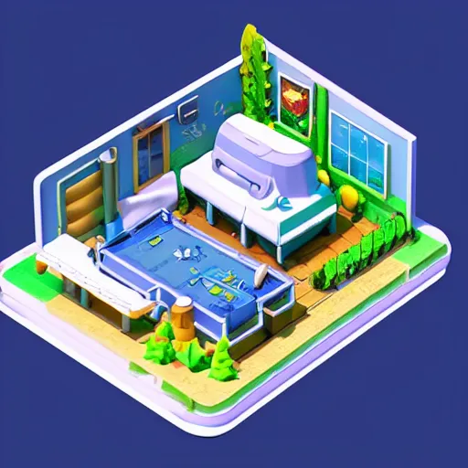 Prompt: chubby cute mobile game house, 1 0 0 mm, 3 d render, isometric, blue background,